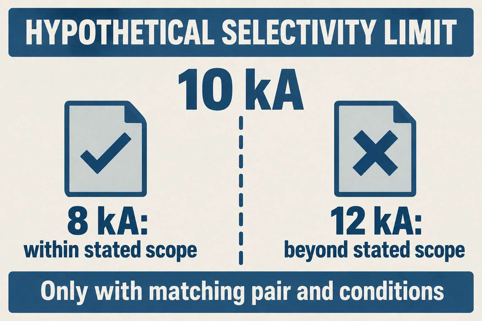 Hypothetical 10 kA selectivity boundary compared with 8 kA within and 12 kA beyond its stated scope