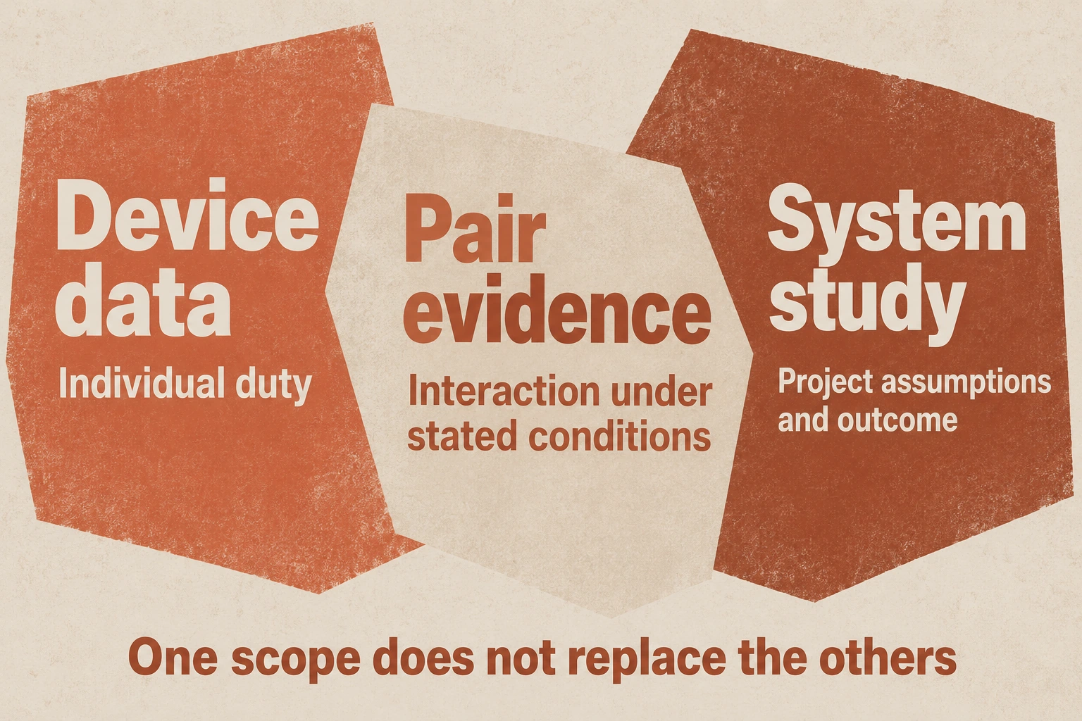 Device data covers individual duty, pair evidence covers conditional interaction, and system study covers project outcome