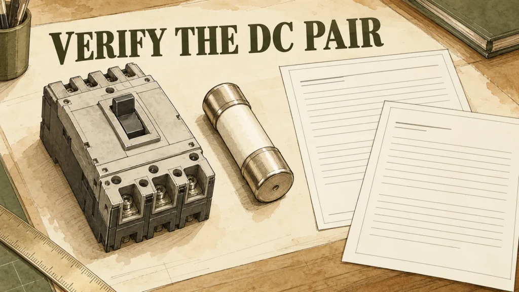 Sepia drawing of an unconnected generic breaker and cartridge fuse beside blank report sheets