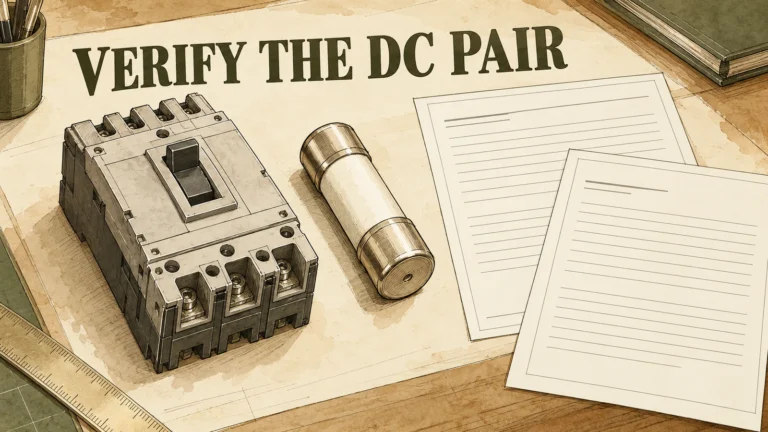Sepia drawing of an unconnected generic breaker and cartridge fuse beside blank report sheets