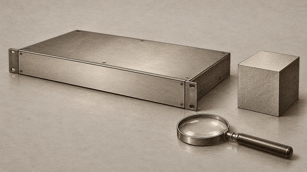 Copperplate-style engraved illustration of a generic rack enclosure, separate unmarked protective-device block and inspection loupe.