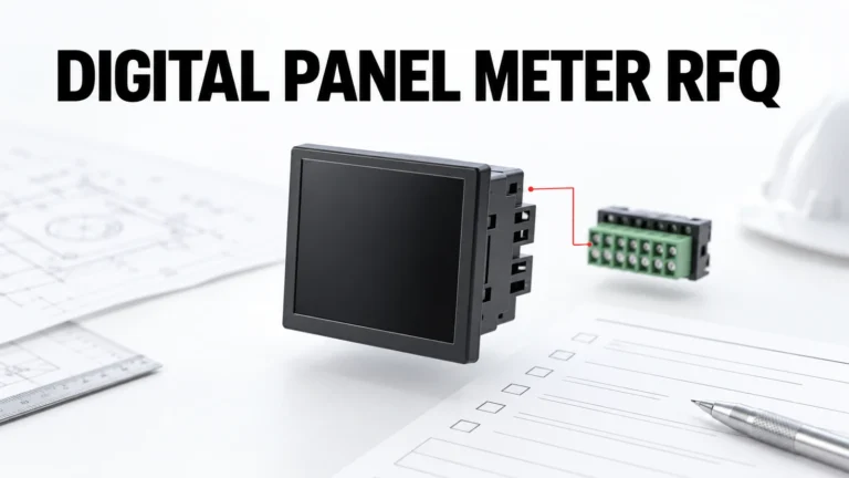 Editorial digital panel meter with display, panel cutout and communication symbols
