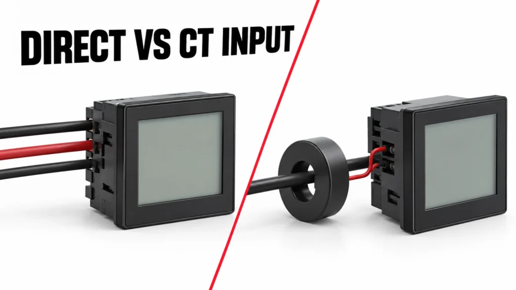 Editorial direct-input versus CT-input panel meter paths around a conductor