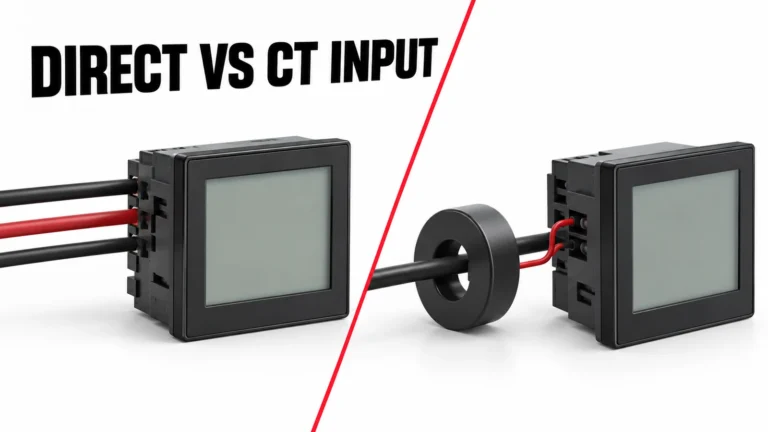 Editorial direct-input versus CT-input panel meter paths around a conductor