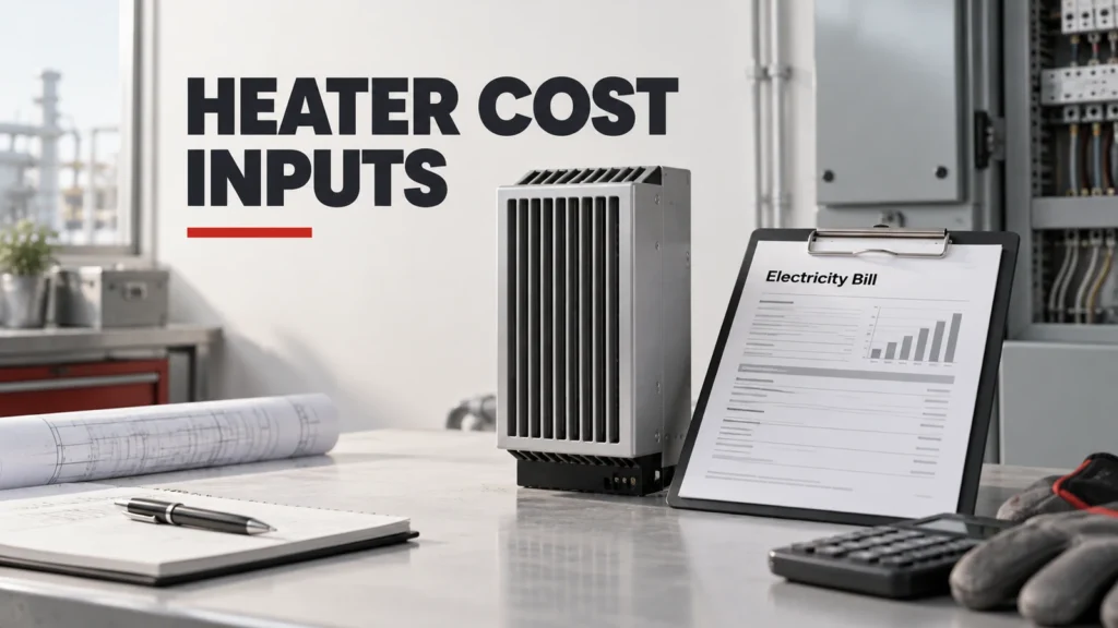 Conceptual enclosure heater, energy meter and operating-time planning scene