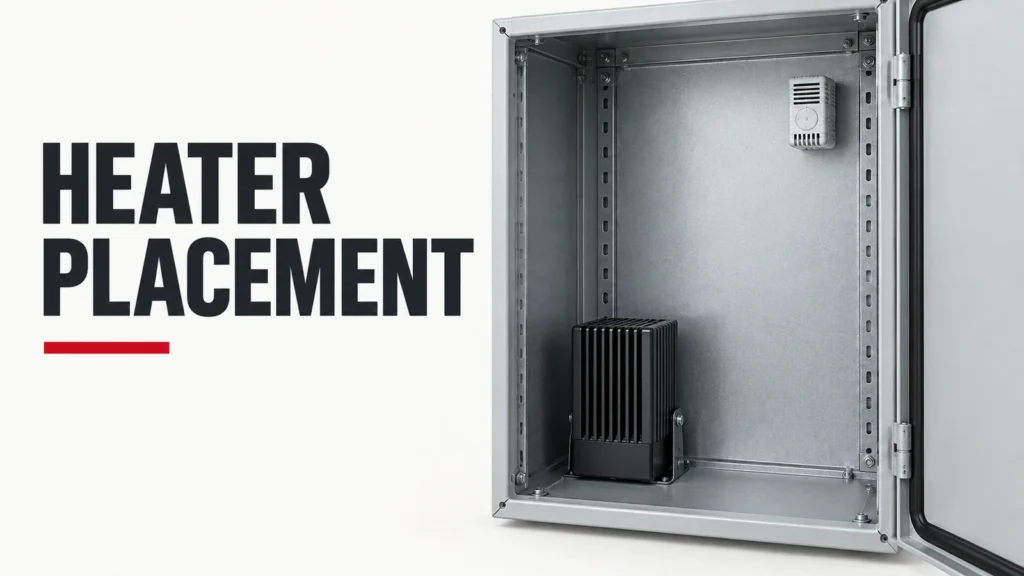 Conceptual cabinet cutaway showing separated heater and thermostat positions