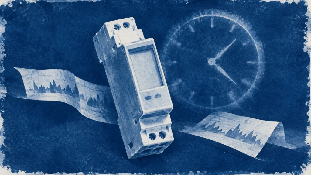 Cyanotype-style illustration of a generic energy meter with a separate ghosted clock motif on cobalt paper.