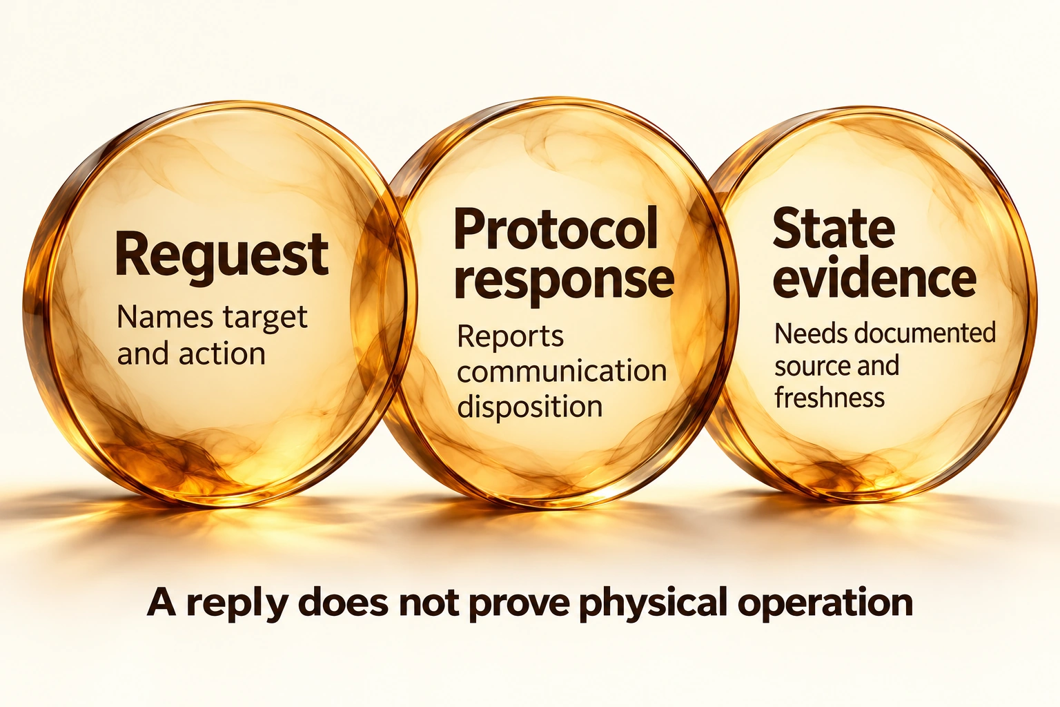 Three amber tokens distinguish target and action request, protocol communication disposition and sourced fresh state evidence