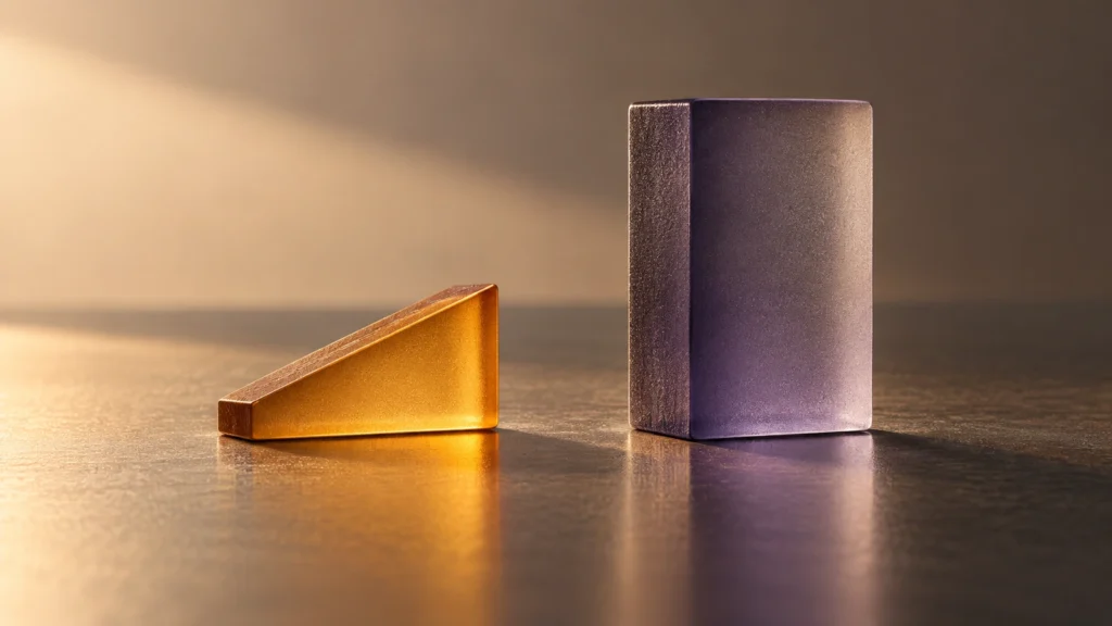 Conceptual frosted-glass markers separate a command token from a reported-state token against a warm studio background