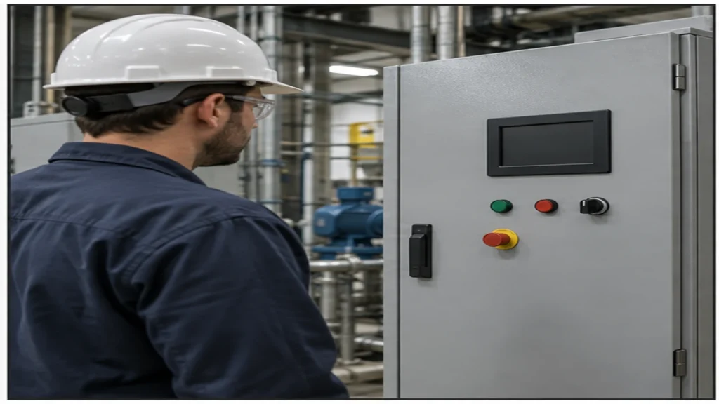 Conceptual industrial application scene for planning a readable voltage display for an equipment front panel.
