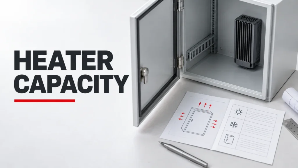 Conceptual control cabinet and heat-loss worksheet for enclosure heater-capacity planning