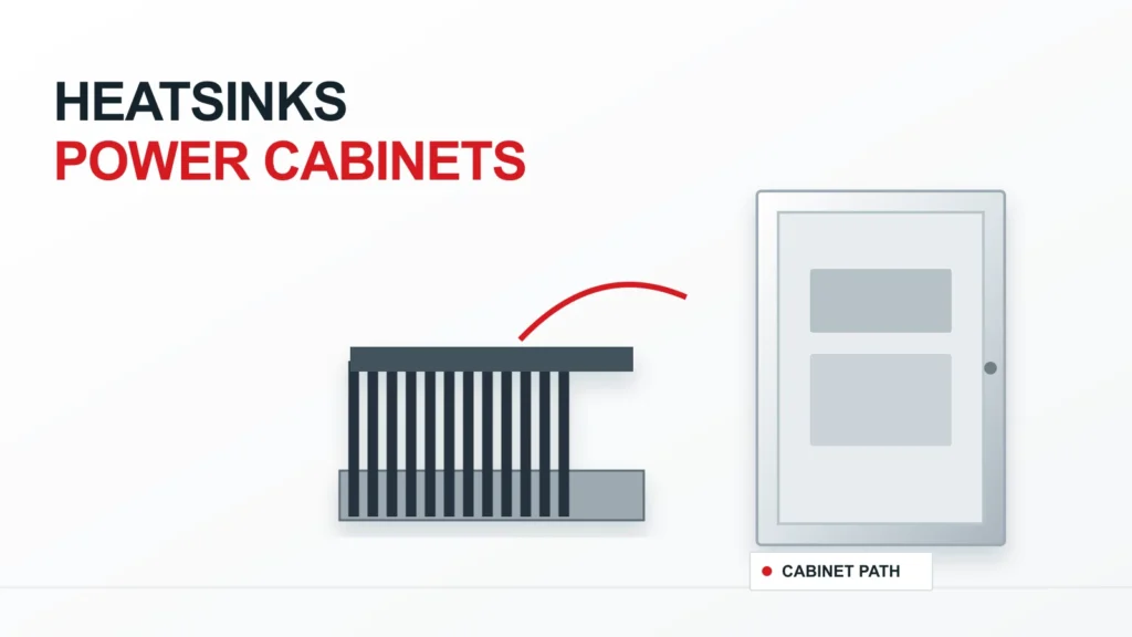 Rectifier cabinet cutaway with heatsink thermal path and restrained airflow modules
