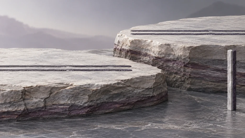 Conceptual geological layers place two fine parallel marks at different elevations beside an independent reference marker