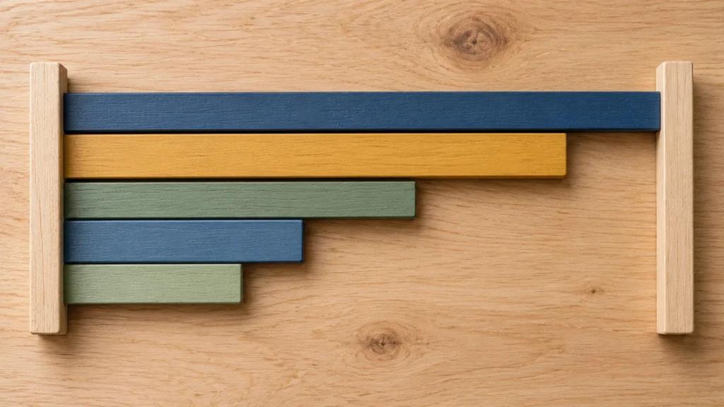 Conceptual colored wooden measuring strips align at shared endpoints while nested segments remain visually separate