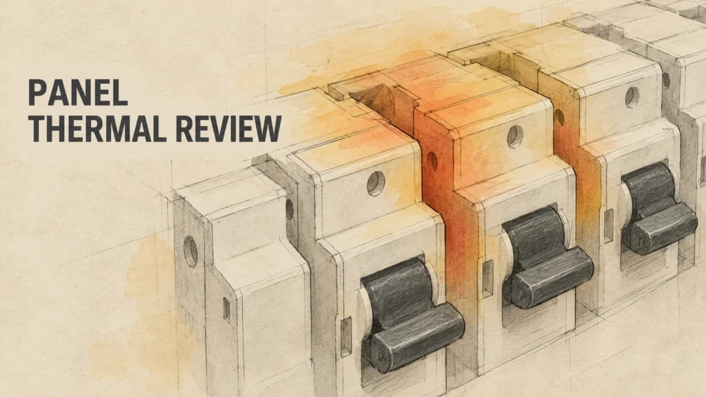 Ink-and-wash illustration of adjacent generic circuit breaker forms with qualitative warm washes
