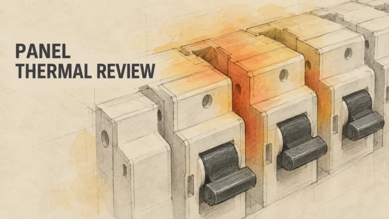 Ink-and-wash illustration of adjacent generic circuit breaker forms with qualitative warm washes
