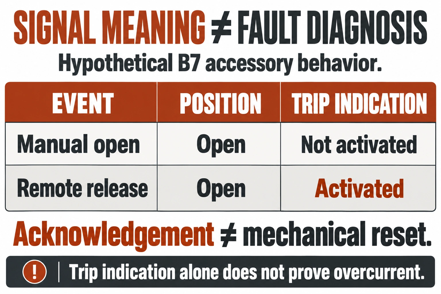 Assumed B7 manual opening changes position only, while an assumed remote release activates trip indication as well; acknowledgement is not reset.