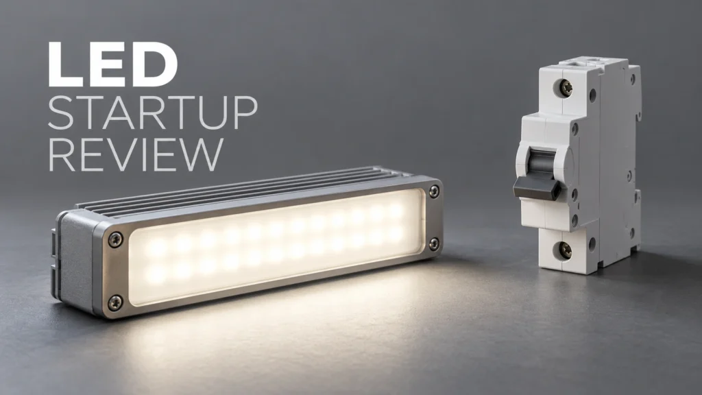 Conceptual studio-style illustration of a lit LED module and separate unconnected generic breaker