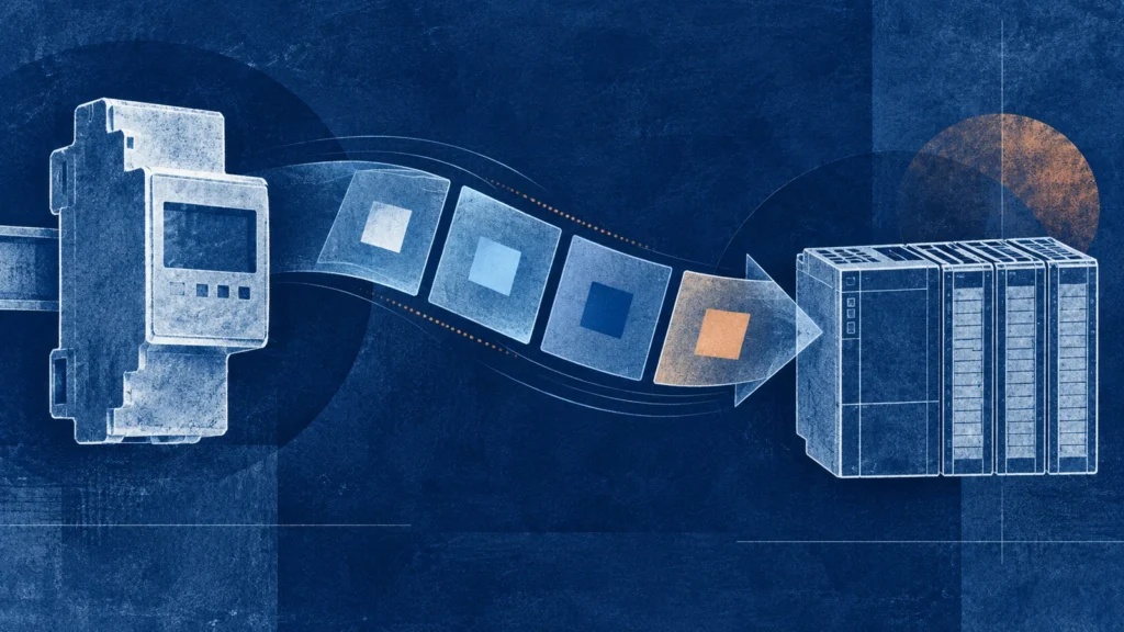 Conceptual cyanotype collage of an energy meter, four data tiles and a PLC receiver
