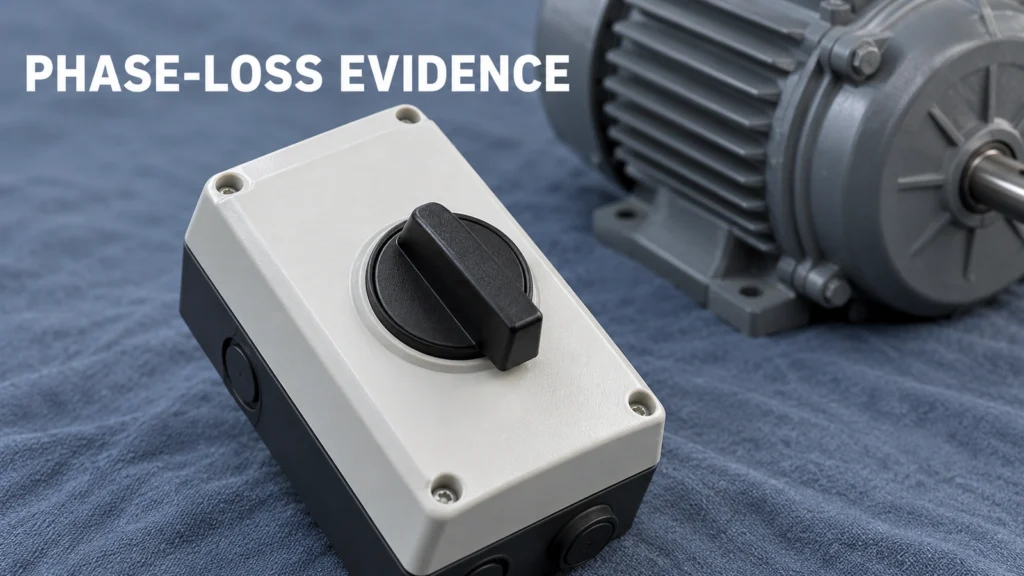 Generic rotary-control enclosure beside a motor, illustrating a phase-loss evidence review