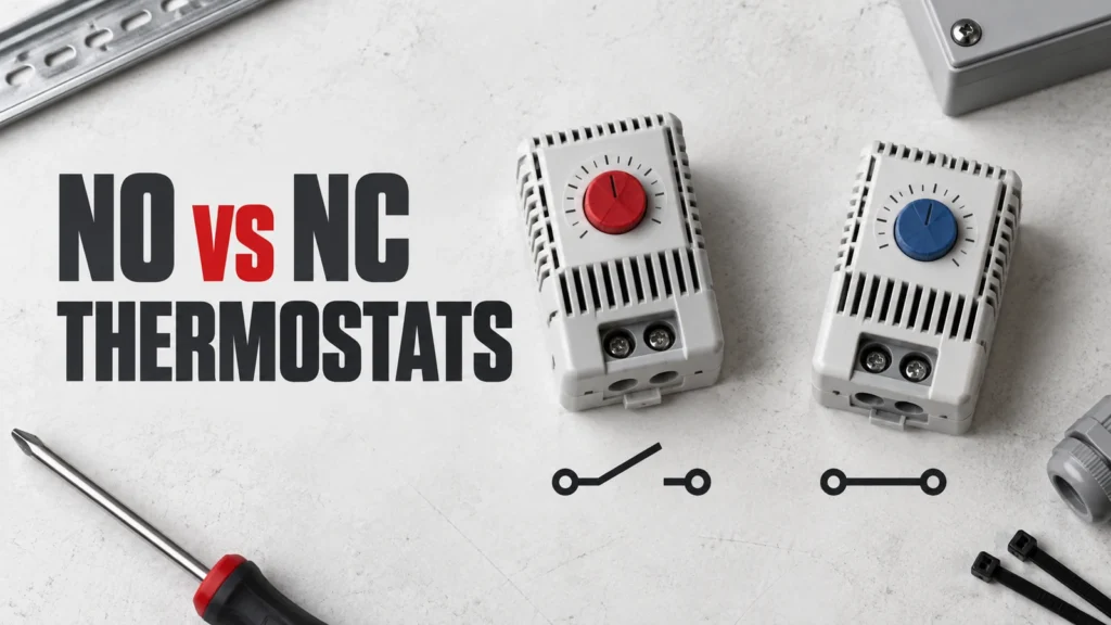 Conceptual NO and NC enclosure thermostat paths for fan and heater control