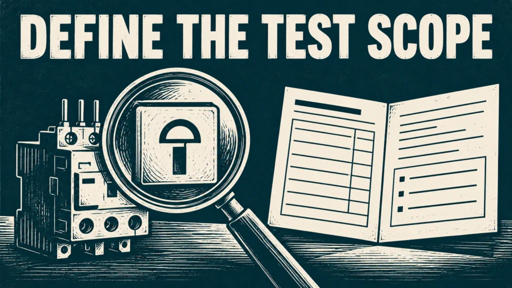 Linocut illustration of generic relay, magnifying lens and blank test-scope document