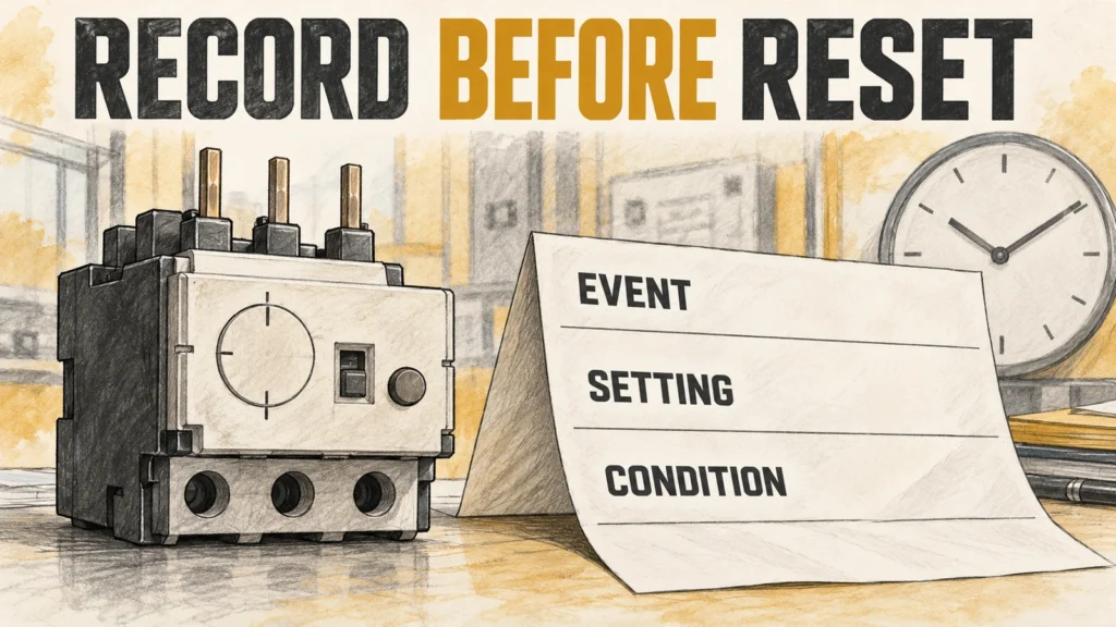 Pencil and watercolor illustration of a generic relay beside blank event, setting and condition records