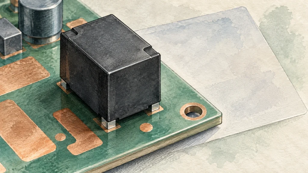 Oblique ink-wash illustration of a generic dark relay housing on a simplified green board beside blank translucent documentation.