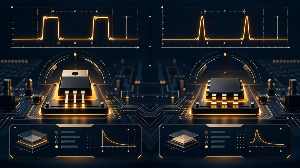 Conceptual editorial bench collage illustrating power module double pulse test comparison conditions