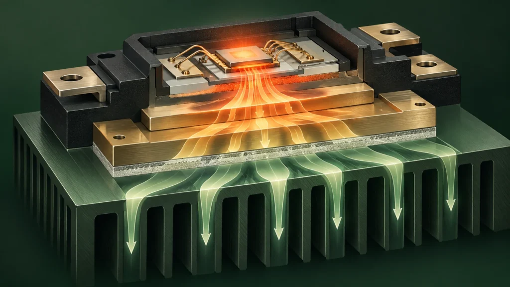 Conceptual isometric thermal map illustrating power module transient thermal impedance pulse junction temperature