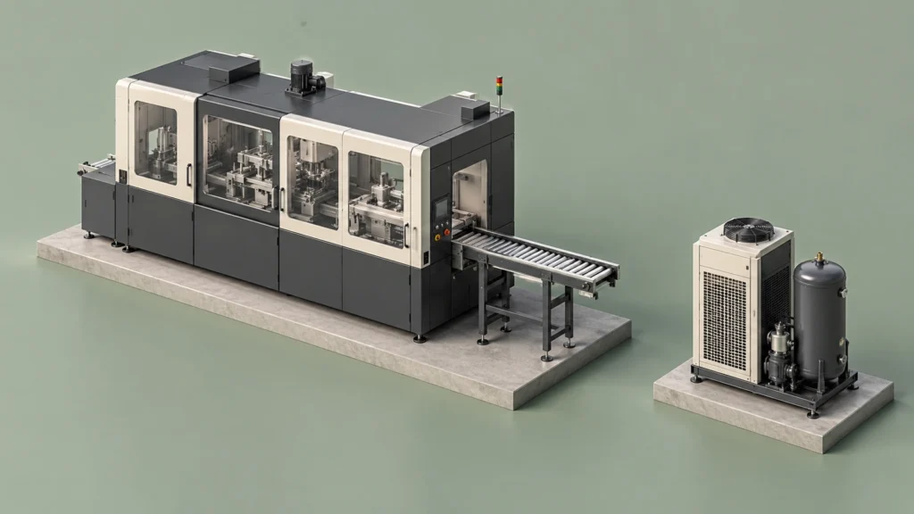 Isometric miniature illustration of a generic production machine and conveyor beside a separate auxiliary unit on a sage surface.