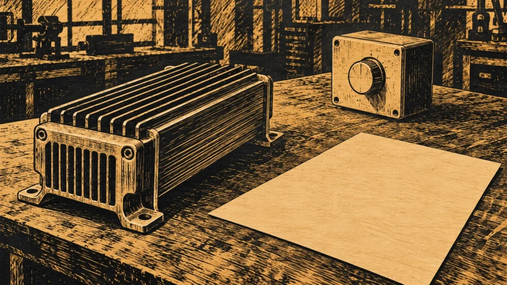 Conceptual woodcut workshop scene with a generic unconnected finned heater and separate blank-faced control housing on a slanted inspection bench.