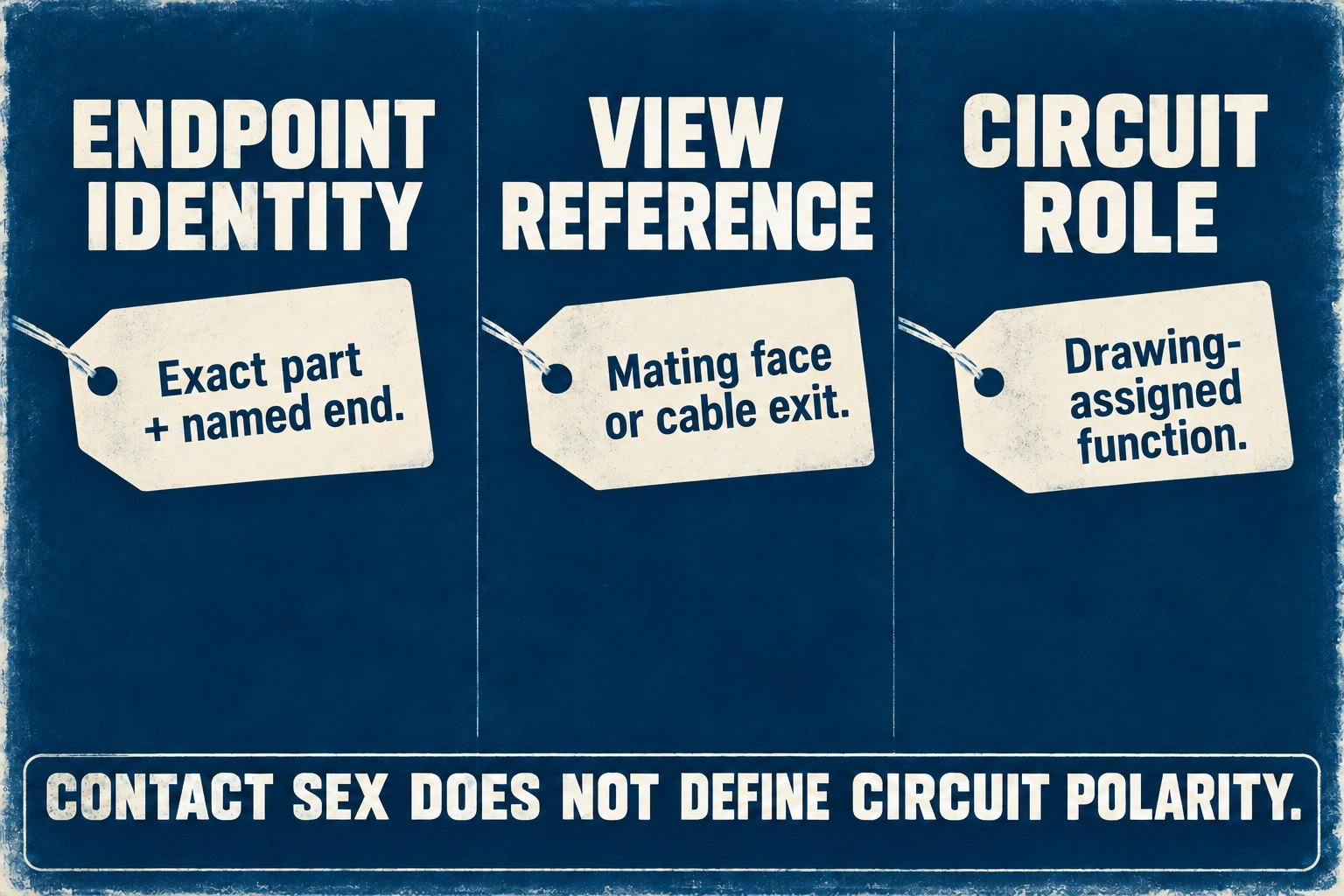 Endpoint identity names the exact part and end, viewing reference identifies the face, and circuit role follows the drawing.