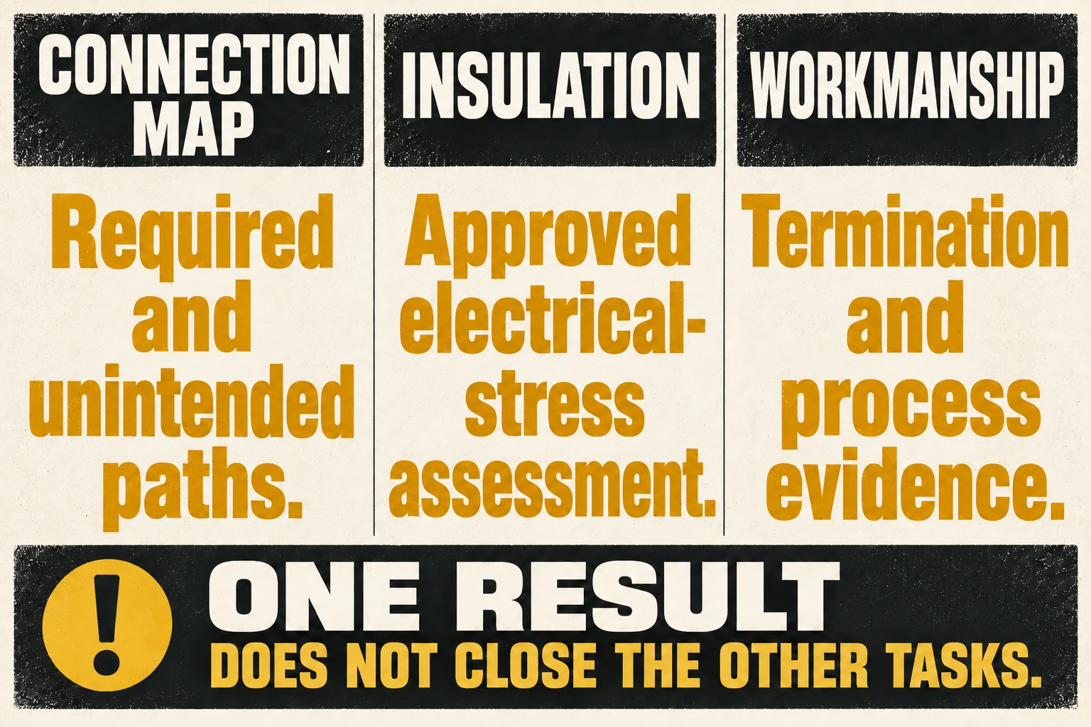 Connection mapping addresses required and unintended paths; insulation uses approved electrical-stress assessment; workmanship needs termination and process evidence.