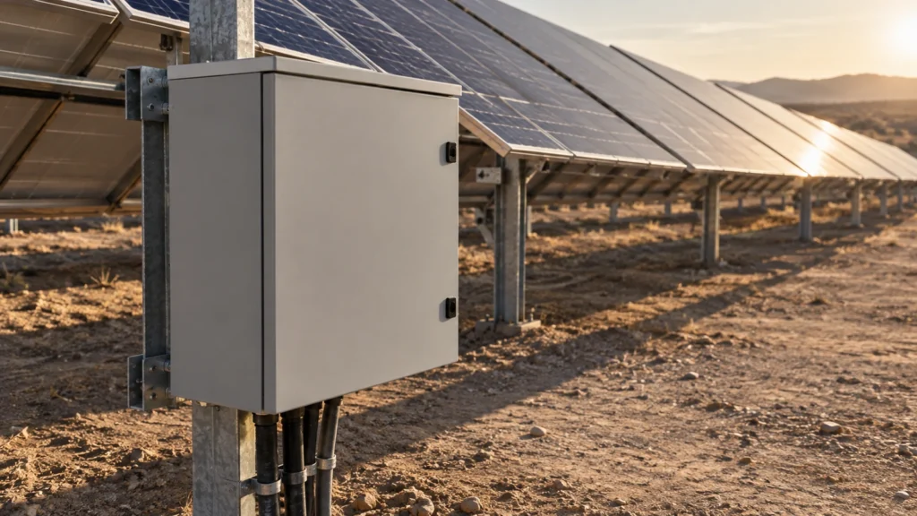 Closed grey combiner enclosure on a support post beside sunlit photovoltaic rows and dry ground.