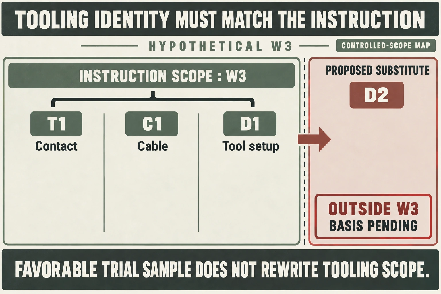 Hypothetical W3 covers contact T1, cable C1 and tool setup D1; substitute D2 remains outside that instruction's scope.