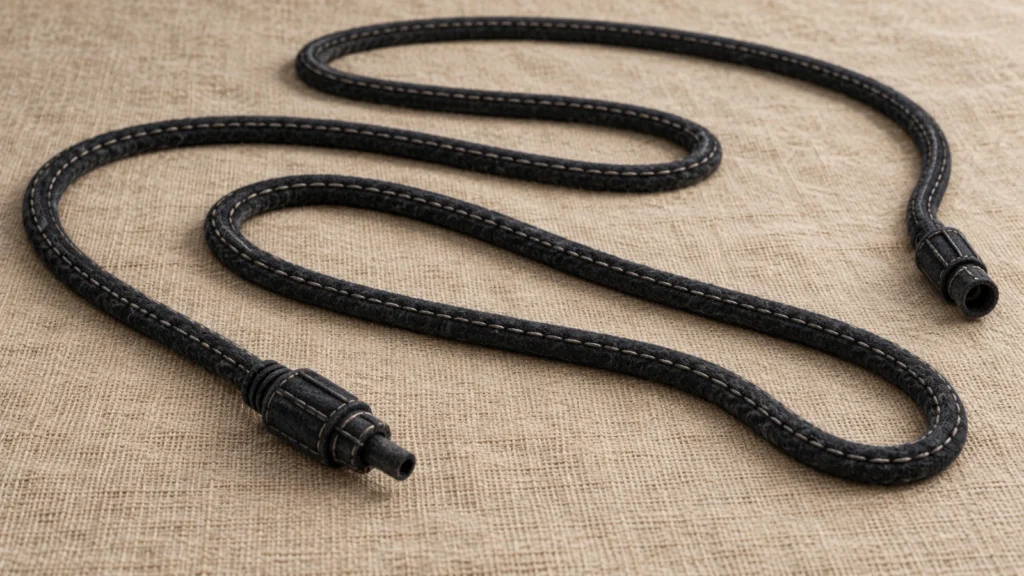 Stitched textile illustration of sweeping black cable loops on a sand-coloured linen background.