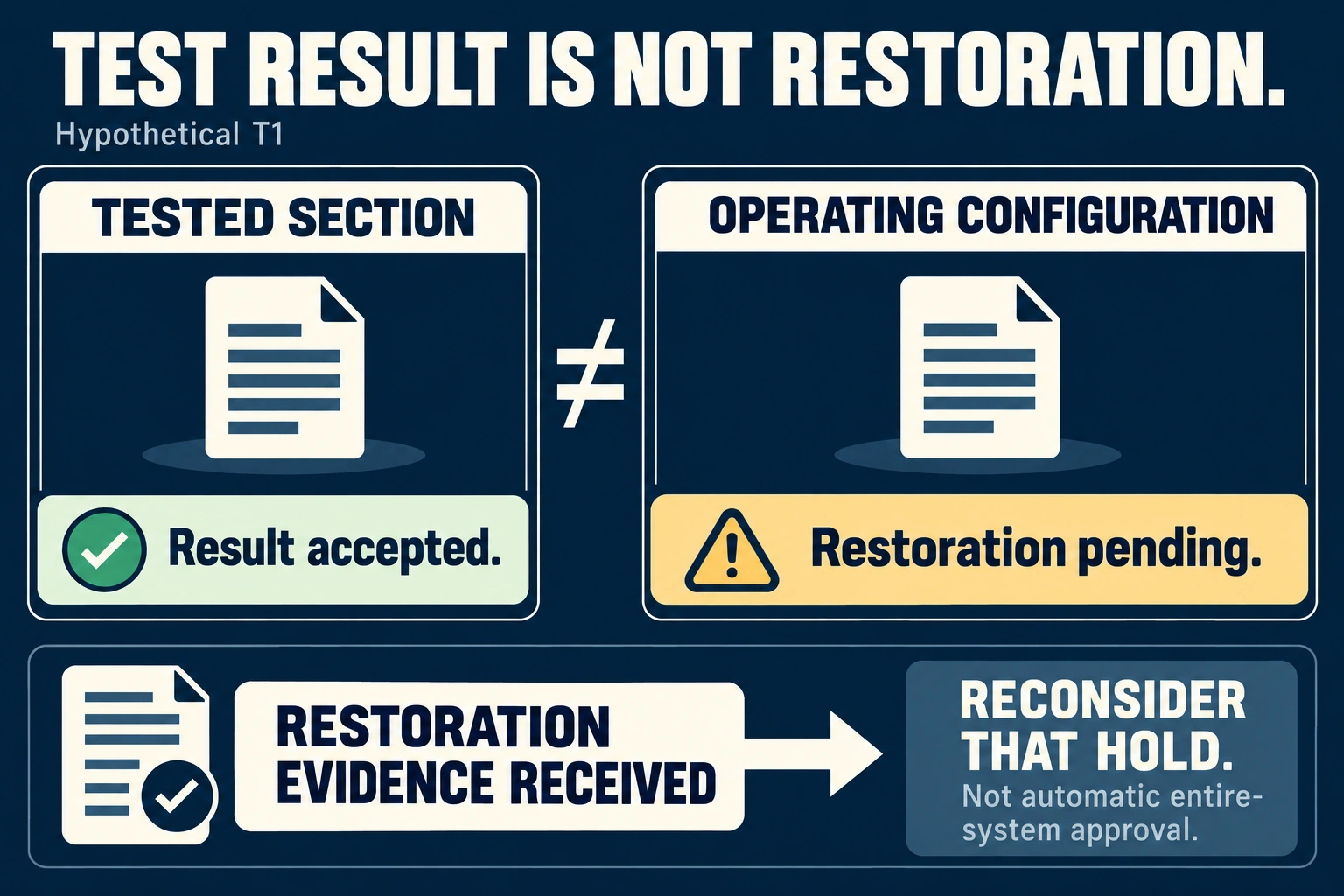 An accepted hypothetical tested-section result does not resolve pending restoration of the operating configuration.