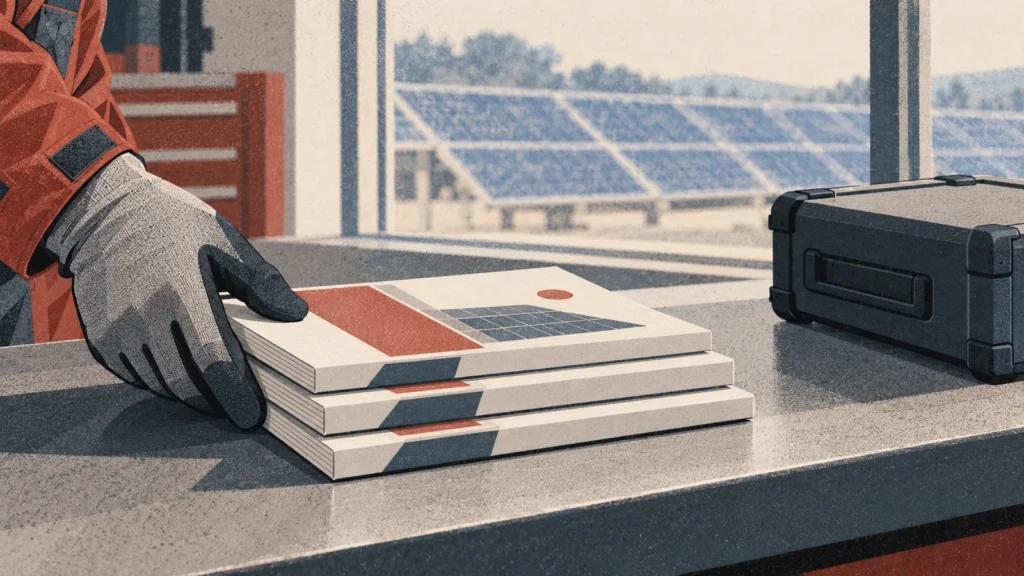 Gloved hand arranging instruction booklets beside a closed equipment case, with solar panels outside a window.