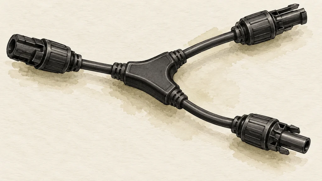 Ink-and-wash illustration of a generic Y-shaped cable branch with three unconnected connector ends on cream paper.