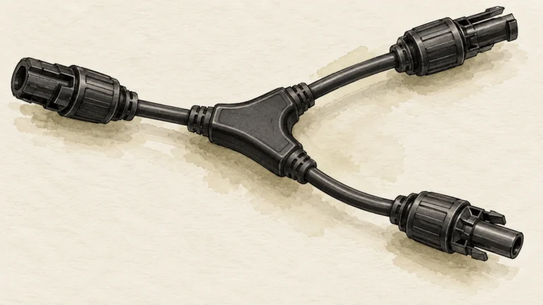 Tusch- og akvarelillustration af en generisk Y-formet kabelforgrening med tre uforbundne stikender på cremefarvet papir.