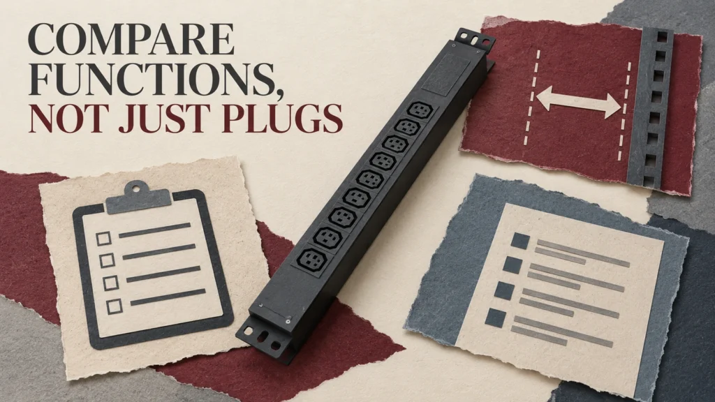 Cut-paper generic rack PDU beside mounting and review-record symbols