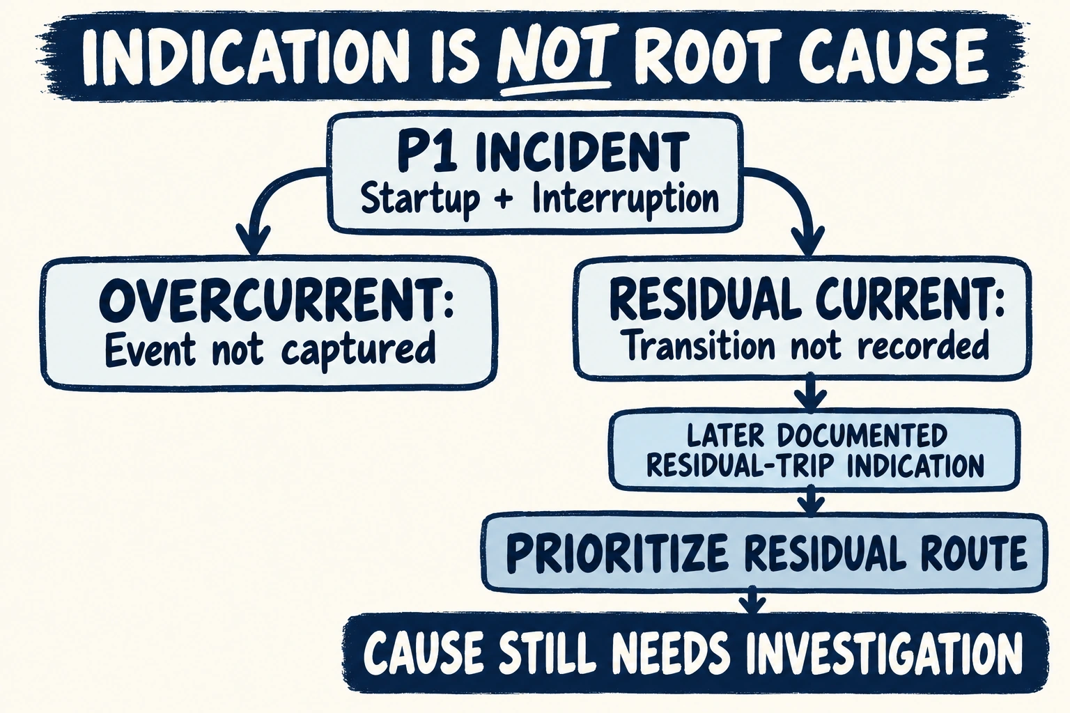 Hypothetical P1 incident leaves overcurrent and residual routes open; a documented residual-trip indication prioritizes one route without establishing root cause.