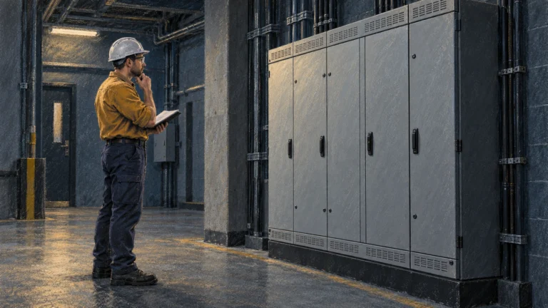 Pastel illustration of a maintenance professional with a notebook studying closed distribution cabinets from the side.