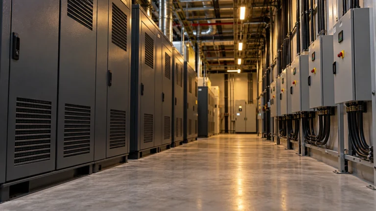 Low-angle industrial aisle between closed equipment cabinets and control enclosures under amber overhead lights.