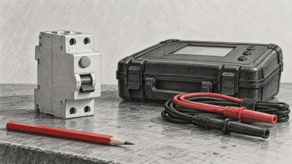 Graphite still life of an unbranded protection module, blank-display instrument case, unplugged leads and a red pencil.