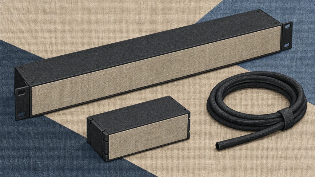 Woven-textile illustration of a blank rack housing, separate generic module and coiled unconnected cord arranged diagonally.