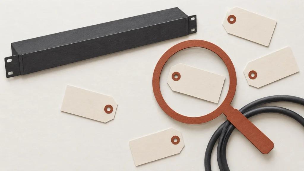 Overhead cut-paper conceptual illustration of a generic rack strip, loose cable loop, blank asset tags and a paper magnifier.