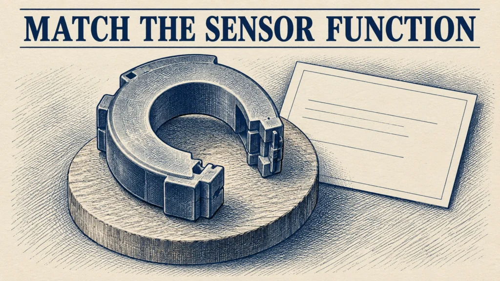 Engraved illustration of a generic open-ring sensor beside a blank specification card