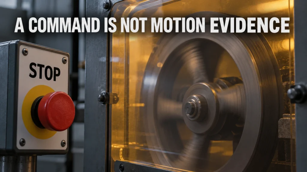 Stop placard beside a guarded flywheel with conceptual blur